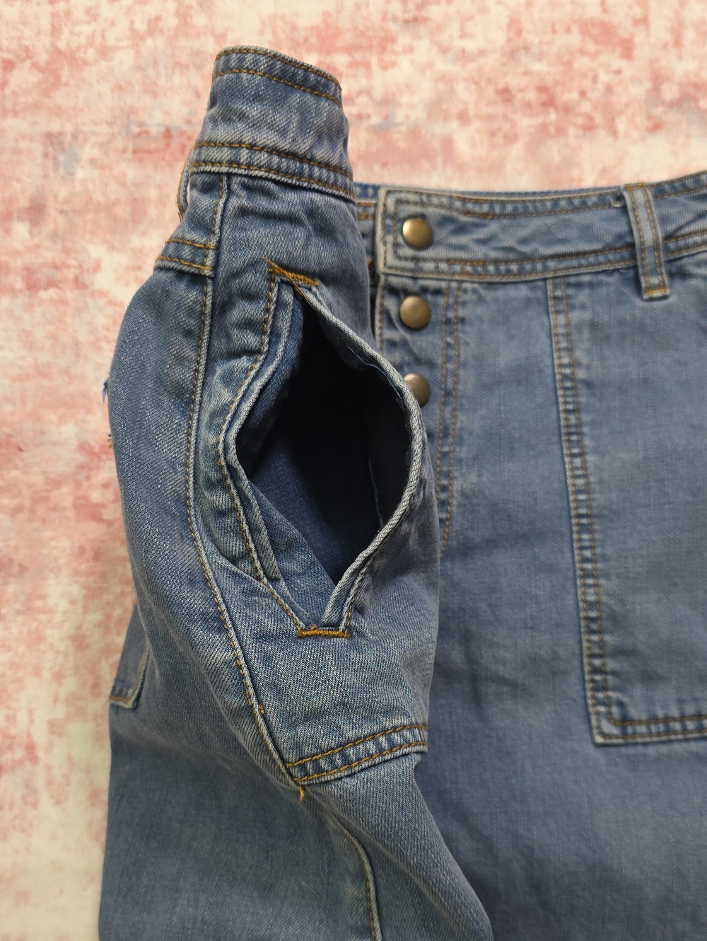 Free People We The Free Blue Denim Mini Skirt Button Front Utility Pockets - Picture 4 of 7